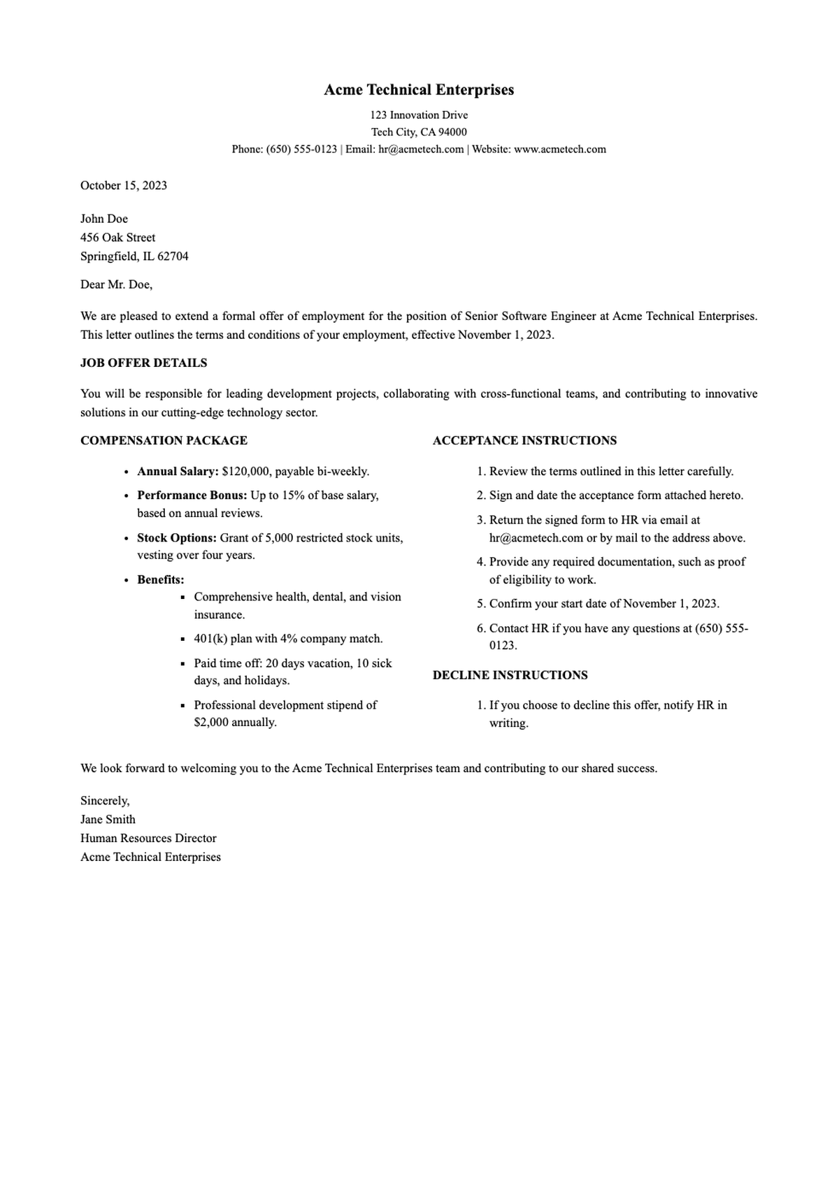 Formal job offer letter from Acme Technical Enterprises with salary benefits and acceptance_variant_3